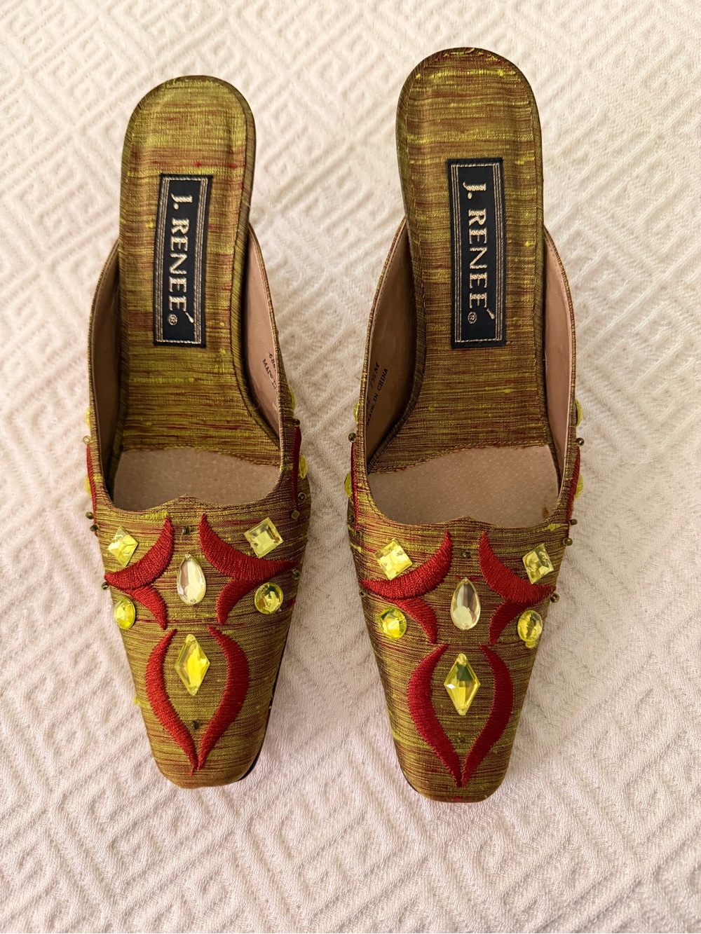 J.Renee Gold Slip-On Embellished Mules with Red Accents